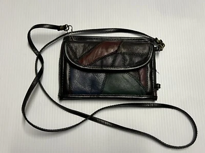 Vtg 80s Multicolor Patchwork Vegan Leather Crossbody Sling Purse Wallet Clutch - Image 1 of 4