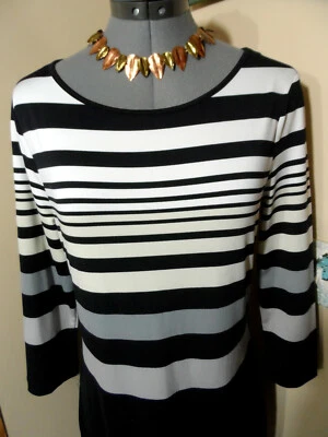 ALLEN B. Maxi Dress S Black Gray White stripe Stretch knit Scoop neck 3/4 Sleeve - Image 1 of 4