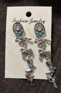 Western Cowboy Hat, Boot, Horse Retro Alloy Silver Tone Stud Fashion Earrings - Picture 1 of 4