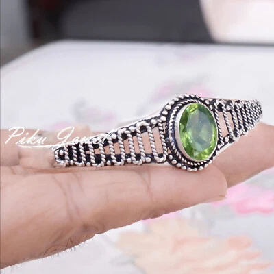 Apple Green Peridot Cut Gemstone 925 Sterling Silver Handwork Cuff Bangle - Image 1 of 4