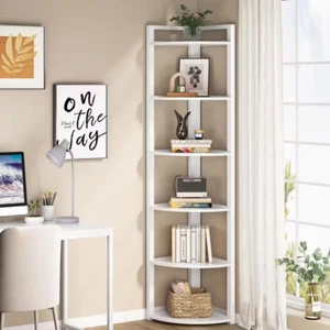 New 70.9" Tall White 6-Shelf Corner Bookcase, Small Bookshelf for Living Room - Picture 1 of 12