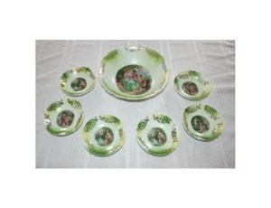Antique Berry Bowl 7-piece Set Schmidt & Co Victoria Austria Green & Gold - Picture 1 of 10