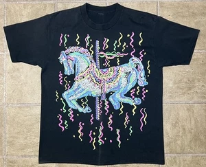 Vintage 90s Carousel Horse Graphic Print T-Shirt Mens Large Neon Color-Way - Picture 1 of 10