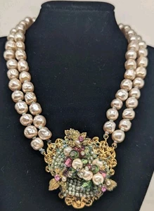 Beautiful Unsigned Pearl & Metal Flower Cluster 2 Strand Necklace Haskwell(?) - Picture 1 of 18