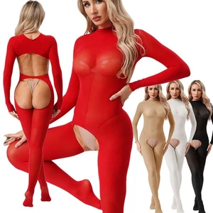 Sexy Womens Open Crotch Catsuit See Through Long Sleeve Footed Unitard Nightwear - Picture 1 of 61