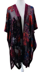 Plus Size L Boho Hippie Floral Velvet Burnout Kimono Cardigan Duster Open Front - Picture 1 of 18