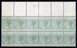 Barbados 60 VF unused upper block 12 with CROWN Colony watermark CV $420 - Picture 1 of 2