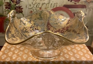 De colección Cambridge~ROSE POINT~Oro Incrustado~Doble Manija/Pedestal~Bon Bon Bowl - Imagen 1 de 9