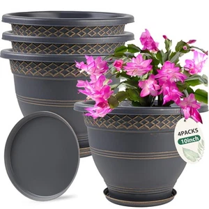 10 Inch 4 Pack Large Plant Pots, Plastic Flower Pot for Indoor & Outdoor with... - Picture 1 of 6