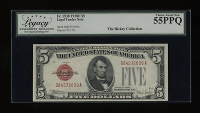 DBR 1928-E $5 Legal Fr. 1530 GA Block Legacy 55 PPQ Serial G84572009A - Image 1 of 2