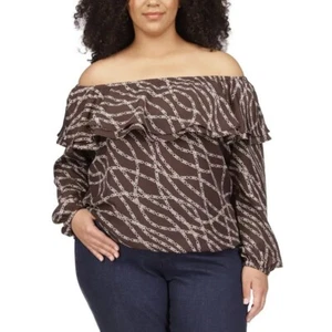 Michael Kors Stadium Chain Print Off The Shoulder Ruffle Top 0X - Picture 1 of 4