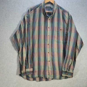 Vintage Bugle Boy Button Up Shirt XLarge Dark Green Blue Red 1990s Striped - Picture 1 of 9