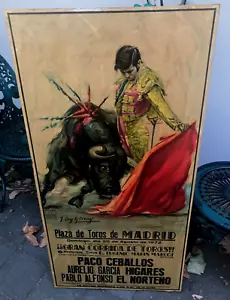VINTAGE RETRO MADRID 1972 LARGE SPANISH BULLFIGHTER WOODEN PRINT - Picture 1 of 7