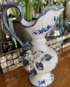 Exquisite Flawed Lego Porcelain Ewer: White With Blue & Gold Trim, Made Taiwan - Picture 1 of 9