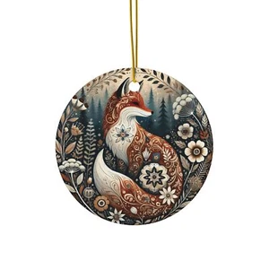 Ceramic Printed Ornament: Folk Art Fox with Floral Forest Christmas Design - Picture 1 of 4