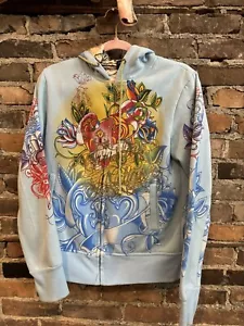 Vtg Y2K Christian Audigier Rhinestone Heart Zip Hoody Ed Hardy Blue Small - Picture 1 of 11