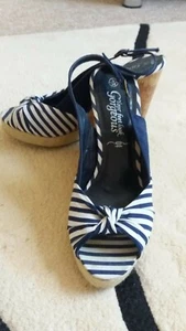 New Look Navy And White Stripe Cork Slingback Wedge Shoes (Size 5) - Picture 1 of 7