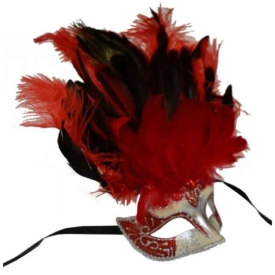 Women's Feathered Mardi Gras Carnival Costume Masquerade Mask [Red] - Image 1 of 3