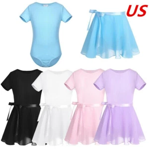 Girl Short Sleeves Ballet Dress Dance Gymnastics Leotard Chiffon Skirt Outfit - Picture 1 of 69