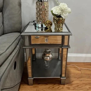 Mirrored Nightstand End Table Crystal Knob Matte Silver Trim Sofa Side Table UK - Picture 1 of 12
