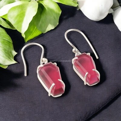 Brincos de aniversário gota prata esterlina 925 com pedra preciosa turmalina rosa corte caixão - Imagem 1 de 4