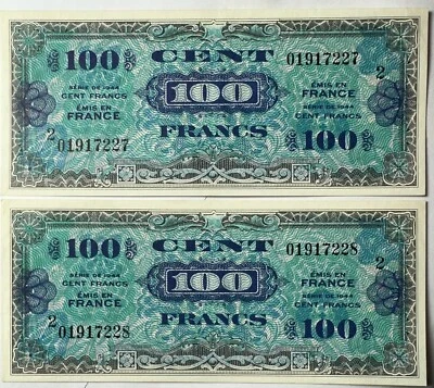 2- 1944 100 Cent Francs Military Payment Notes CONSECUTIVE Numbers WW2 Currency - Image 1 of 3