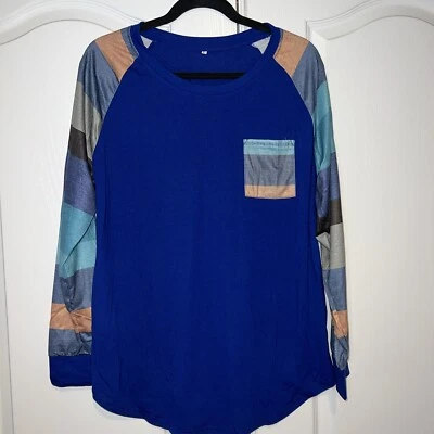 Camisa túnica mujer manga larga grande cuello redondo bloques de colores rayas azul informal nueva Foto 1 de 4