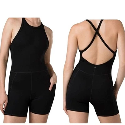 Prana Becksa Shortie One Piece Fitted Romper Built in Bra - Black Sz Medium $99 - Image 1 of 4