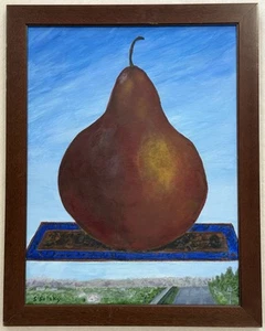 Vintage Original Oil Painting Surreal Pear On Flying Carpet Signed S Solsky - Picture 1 of 11