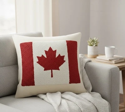 Punch Needle Canadian Flag Pillow | Handmade Maple Leaf Pillow | - Image 1 of 3