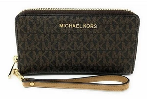 Michael Kors Jet Set Viaje Grande Cremallera Plana Teléfono Estuche Muñequera Billetera Marrón Nuevo con Etiquetas - Imagen 1 de 4