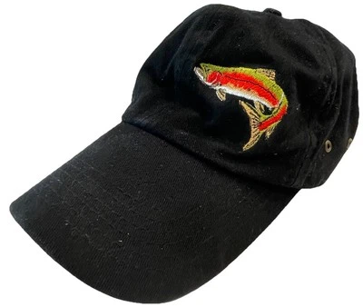 Embroidered Rainbow Trout Black Cotton Hat Cap Adjustable Strap Back Red Green - Image 1 of 4