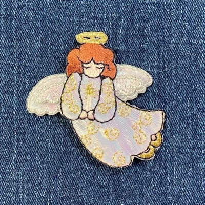 Praying Angel Applique Patch - Shimmery Embroidered Badge 2-1/8" (Iron On) - Image 1 of 2