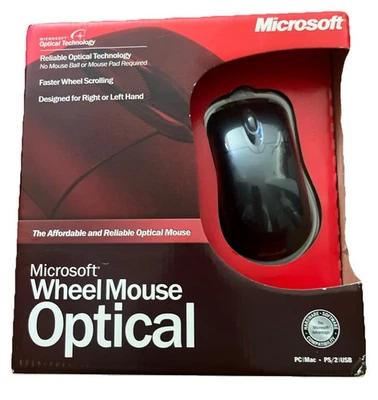 Microsoft Wheel Mouse Optical USB PS/2 - D66-00069 Black PC MAC New CIB Open Box - Image 1 of 4