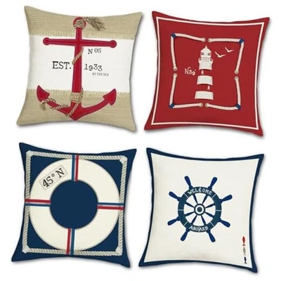  Fundas de almohada náuticas 18 x 18 pulgadas ancla faro rojo azul marino  Foto 1 de 4