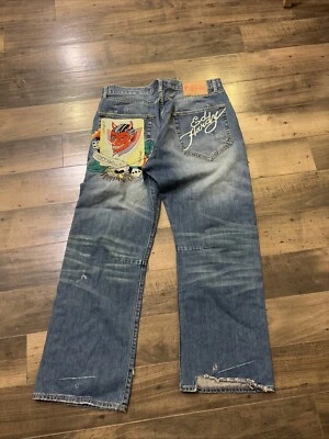 Denim azul oscuro lavado ácido resistente Ed vintage años 90 con diseño 40x32 desvanecimiento loco Foto 1 de 4