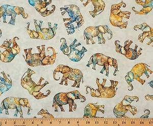 Cotton Elephants Animals Africa Gray Cotton Fabric Print by the Yard D375.87 - Picture 1 of 1