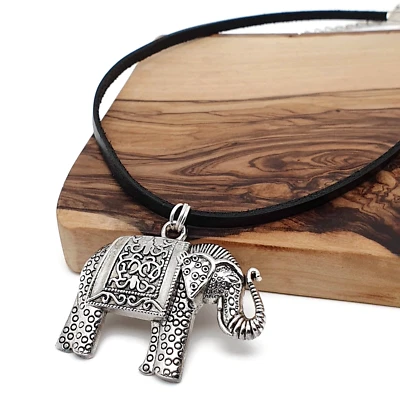 Necklace Large Elephant Pendant Tibetan Silver Black Leather Cord Collar Luck Foto 1 de 4