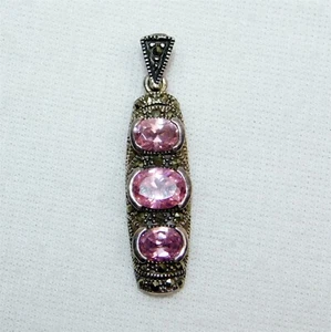 925 Sterling Silver 3 Stone Pink CZ and Marcasite 1.5" Pendant - Picture 1 of 7