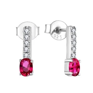 Sterling Silver 925 simulated RUBY & CZ Oval Solitaire Drop Stud Earrings - Picture 1 of 6