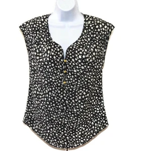 Daniel Rainn Small Black White Sleeveless Blouse 3 Gold Buttons Dotted Print - Picture 1 of 5
