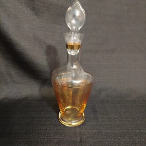Vtg Etched Glass Decanter Delicate Bottle W Stopper Gold Accent 2 Tone MCM - Picture 1 of 10