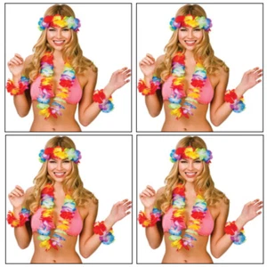 24 x Hawaiian 4 piece Flower Lei Hula Necklace Garland Headband Wristband Sets - Picture 1 of 3