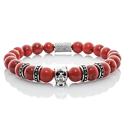 Türkis Armband Bracelet Perlenarmband Totenkopf silber Rot 8mm Edelstahl Perlen - Bild 1 von 2