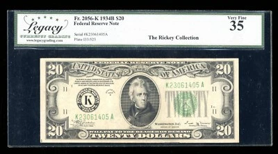 DBR 1934-B $20 FRN Dallas Vinson Fr. 2056-K Legacy 35 Serial K23061405A - Image 1 of 2