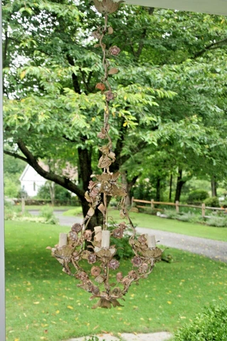 VTG HANGING SHABBY Chic METAL TOLE Floral French CEILING CHANDELIER LAMP Cover