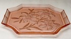 VINTAGE PINK GLASS FLORAL ETCHED VANITY TRAY MADE IN GERMANY