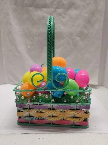 Vintage Wire Basket Green Rectangle Easter Approx 7"×5"×10" With 24 Mini Eggs & Cover