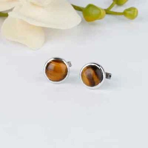 Natural Tiger Eye Gemstone 925 Sterling Silver Cufflinks For Father Special Gift - Picture 1 of 4