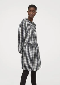 H&M Dress Women's Large Dark Blue Beige Long Sleeve Drop Waist Balloon Sleeve - Picture 1 of 4